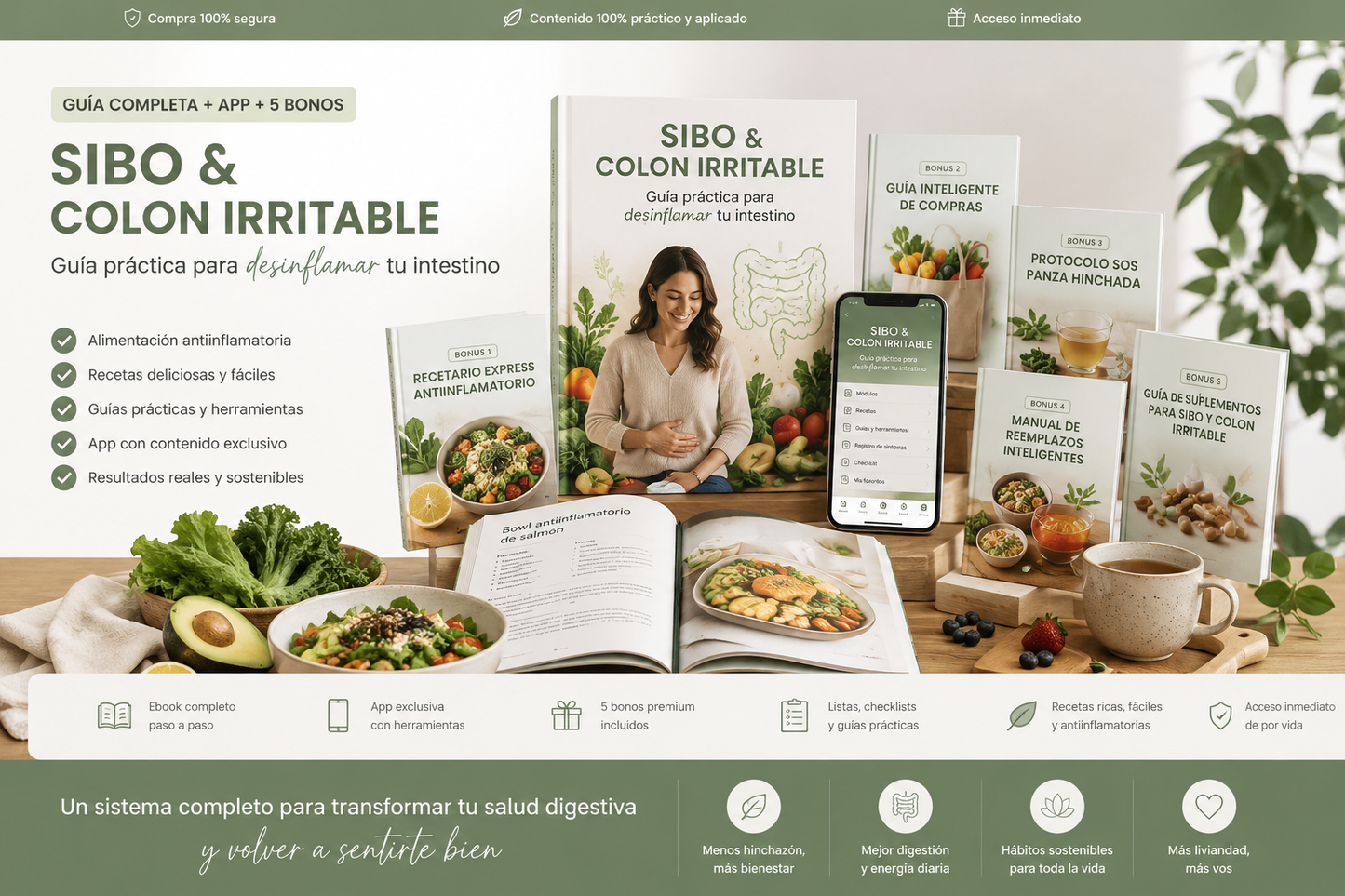SIBO & COLON IRRITABLE Guía práctica para desinflamar tu intestino + App Interactiva Premium + 5 Bonus Exclusivos de Regalo