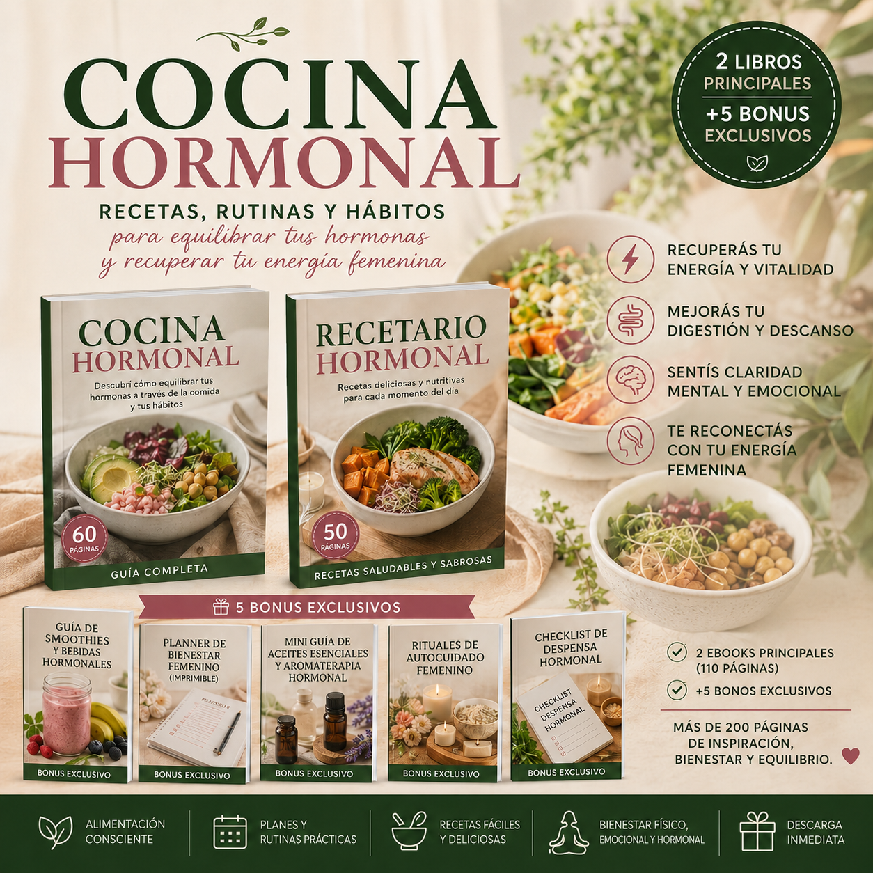 Cocina Hormonal Recetas, rutinas y hábitos para recuperar tu energía femenina + 5 Bonus de Regalo 🎁