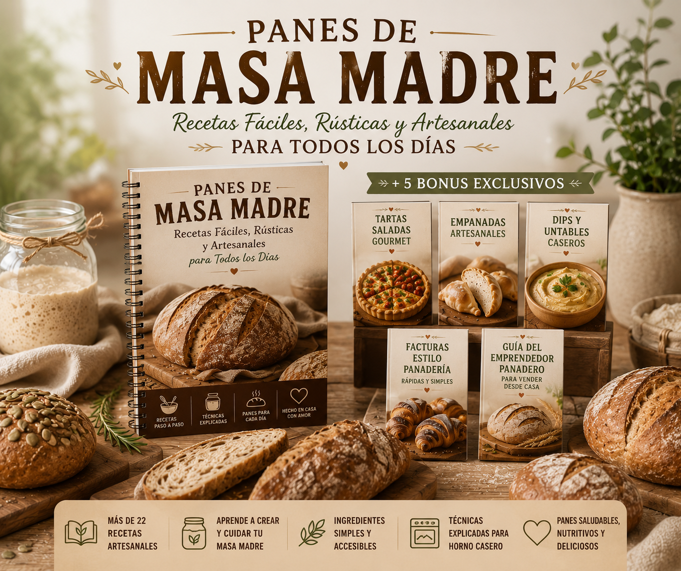 Panes de Masa Madre Recetas Artesanales, Panes Gourmet y Técnicas Paso a Paso para Hacer en Casa + 5 Bonus de Regalo