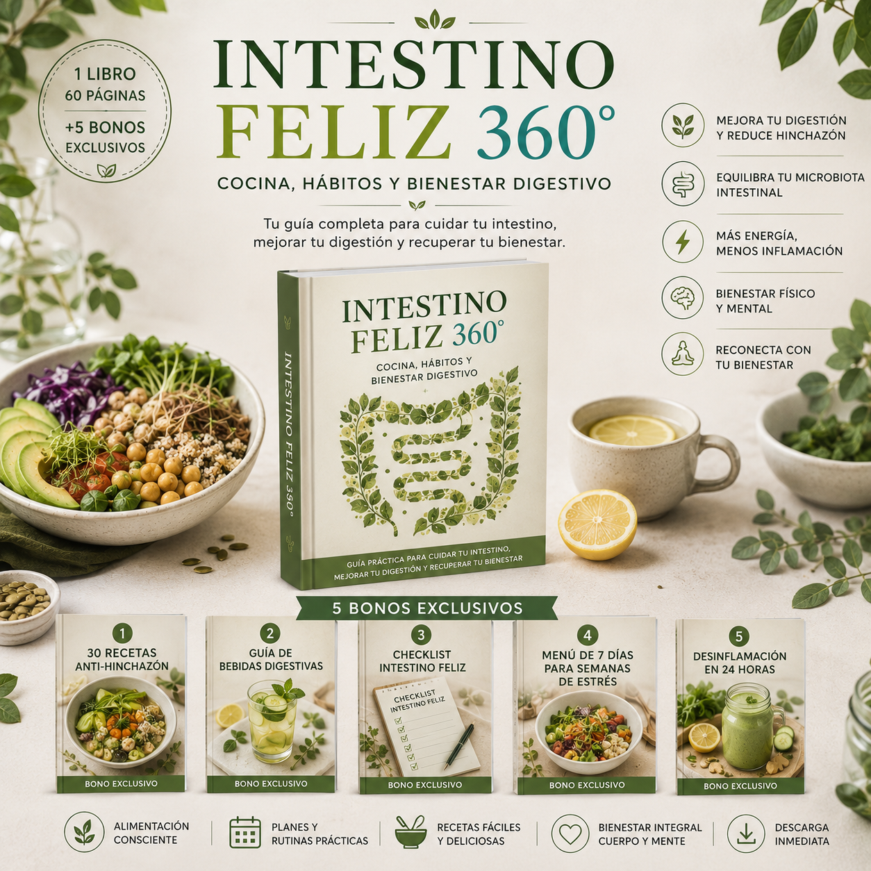 Intestino Feliz 360°: Cocina, Hábitos y Bienestar Digestivo + 5 Bonus de Regalo