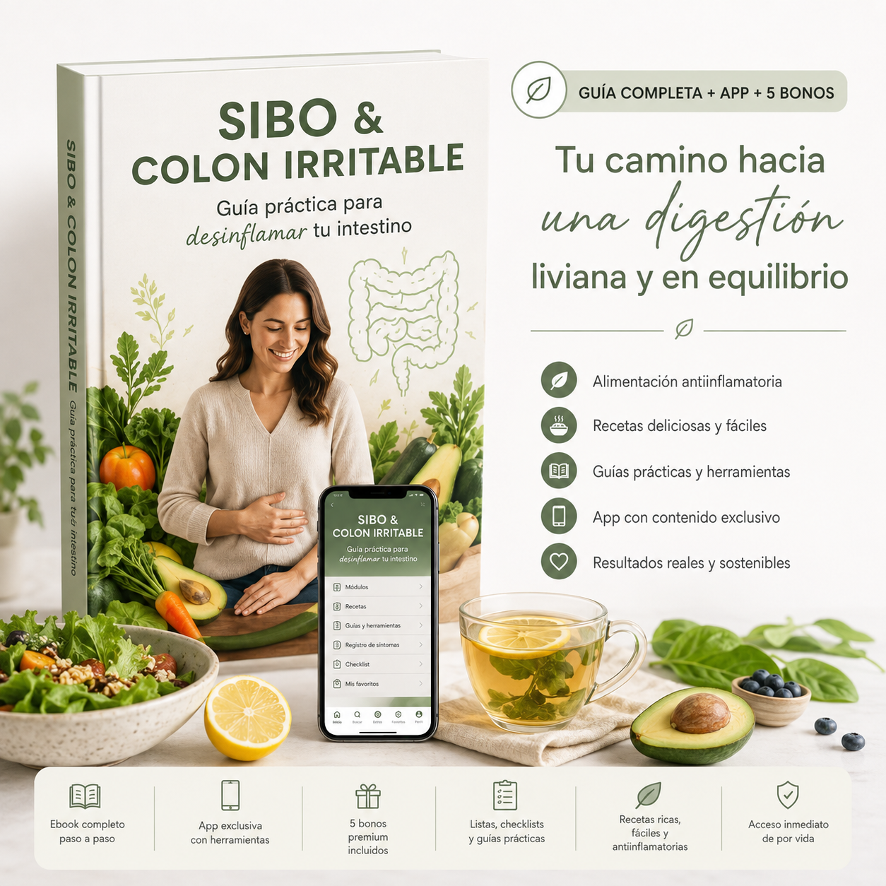 SIBO & COLON IRRITABLE Guía práctica para desinflamar tu intestino + App Interactiva Premium + 5 Bonus Exclusivos de Regalo
